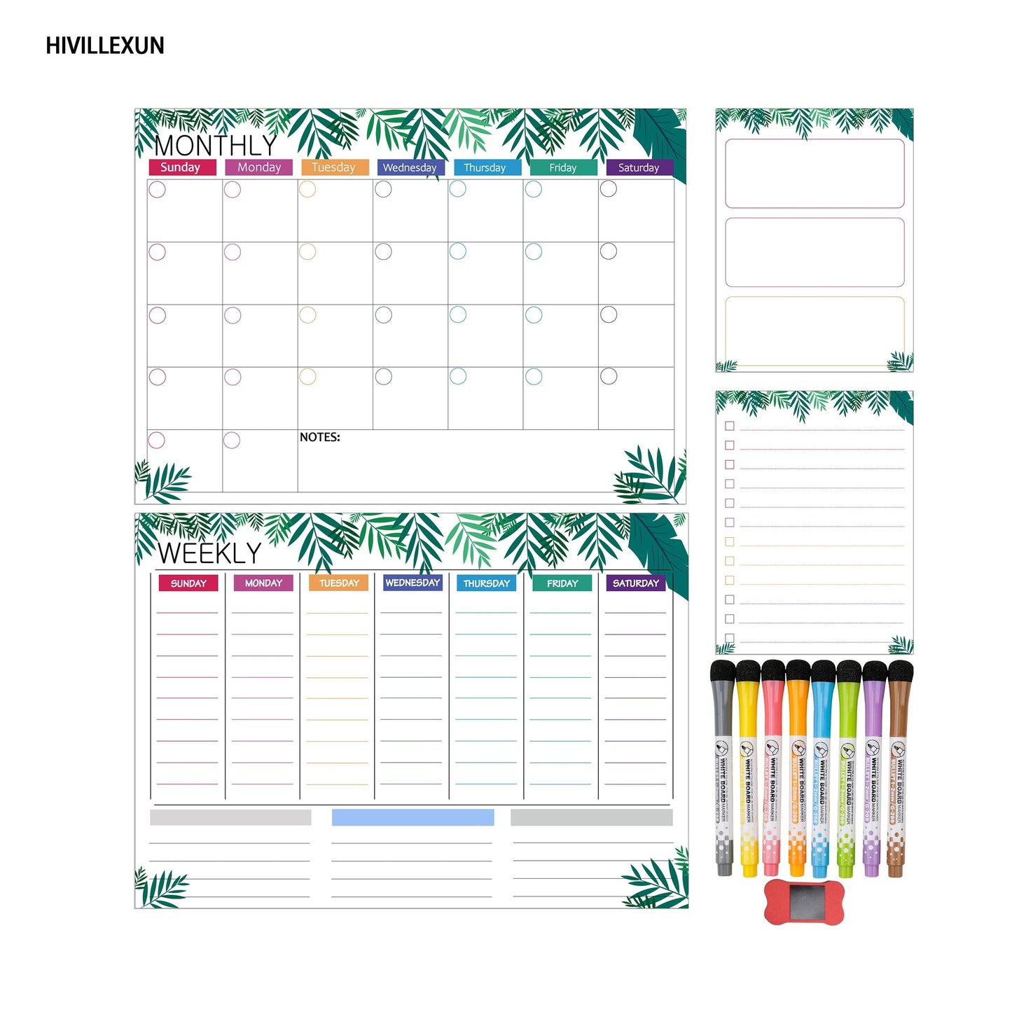 Hivillexun Dry Erase Calendar Whiteboard. Set of 4 Magnetic Calendars for Refrigerator, Monthly, Weekly Organizer & Daily Notepad. Wall & Fridge Family Calendar. 8 Markers 1 Eraser