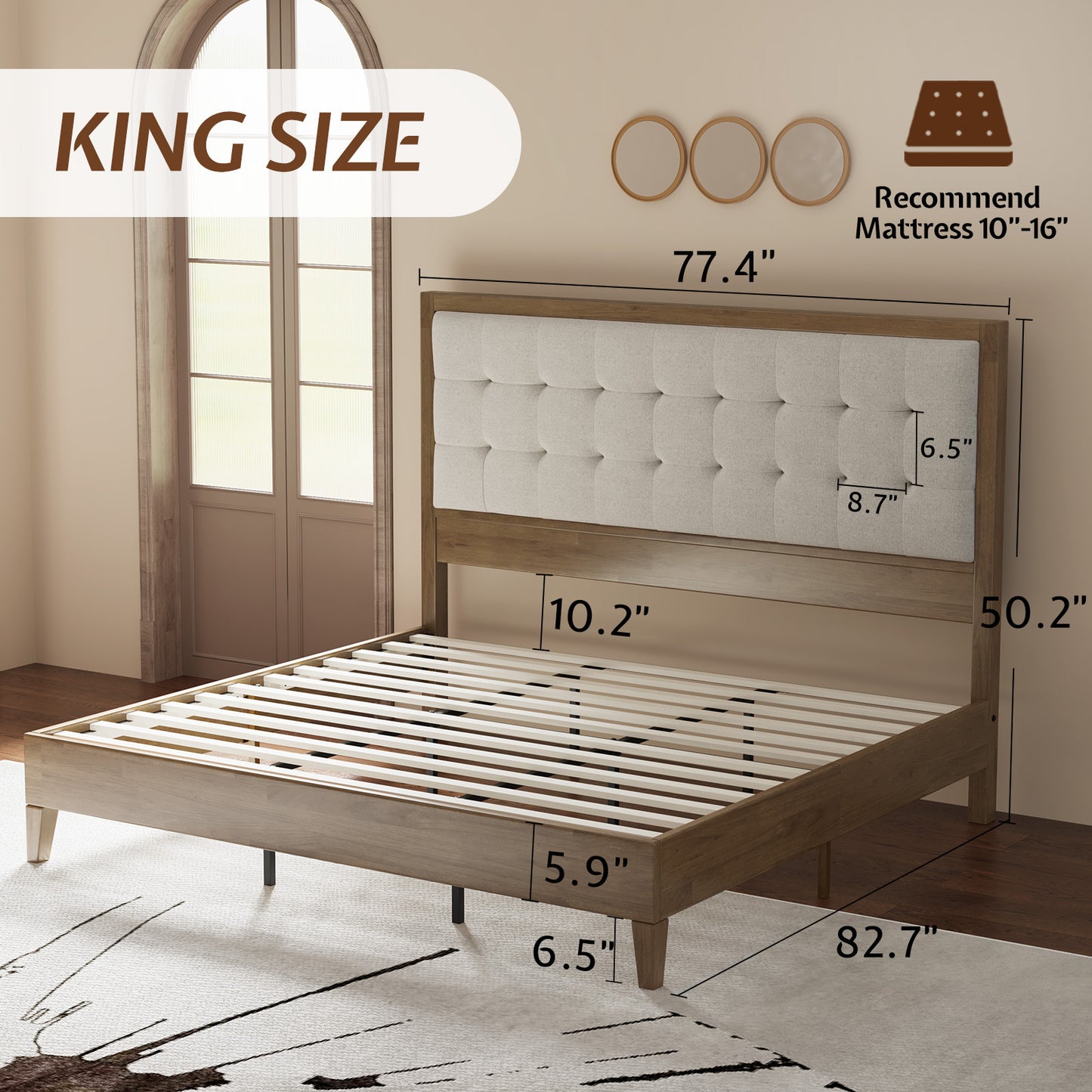 ALBOTT Wooden Bed Frame, High Upholstered Tufted Headboard, Sturdy Wood Platform, No Box Spring Required
