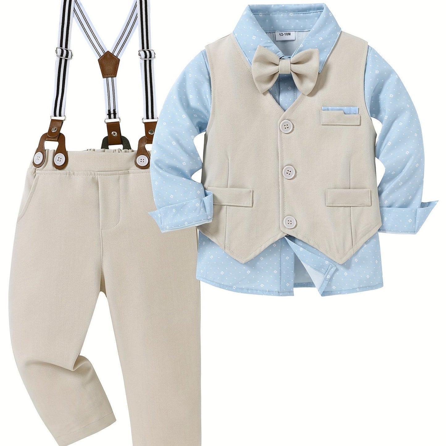 4pcs Boy Clothes Suit Gentleman Wedding Outfits Formal Dress Shirt/Bowtie/Vest/Suspender Pants 1-5T, Special Occasion Outfit, Toddler Wedding Attire, Elegant Toddler Outfit, Classic Baby Suit, Comfortable Toddler Clothes, Dur