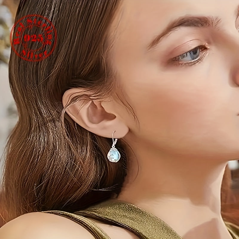 1 Pair of Exquisite 925 Sterling Silvery Flower Pendant Earrings Inlaid with Moonstones - Elegant Women's Jewelry for Engagements, Weddings, and Dinners - Luxurious and Ideal Decorative Gifts