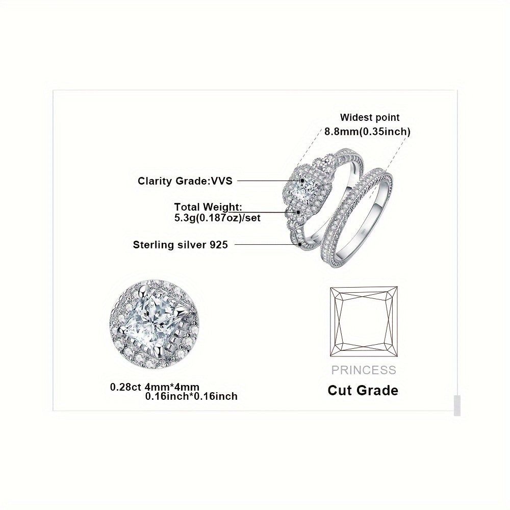 2pcs Elegant 925 Sterling Silver Princess Cut Cubic Zirconia Engagement Ring Set, Synthetic December Birthstone, White Golden Plated, Valentine's Day Gift, All-Season Wedding Band Jewelry