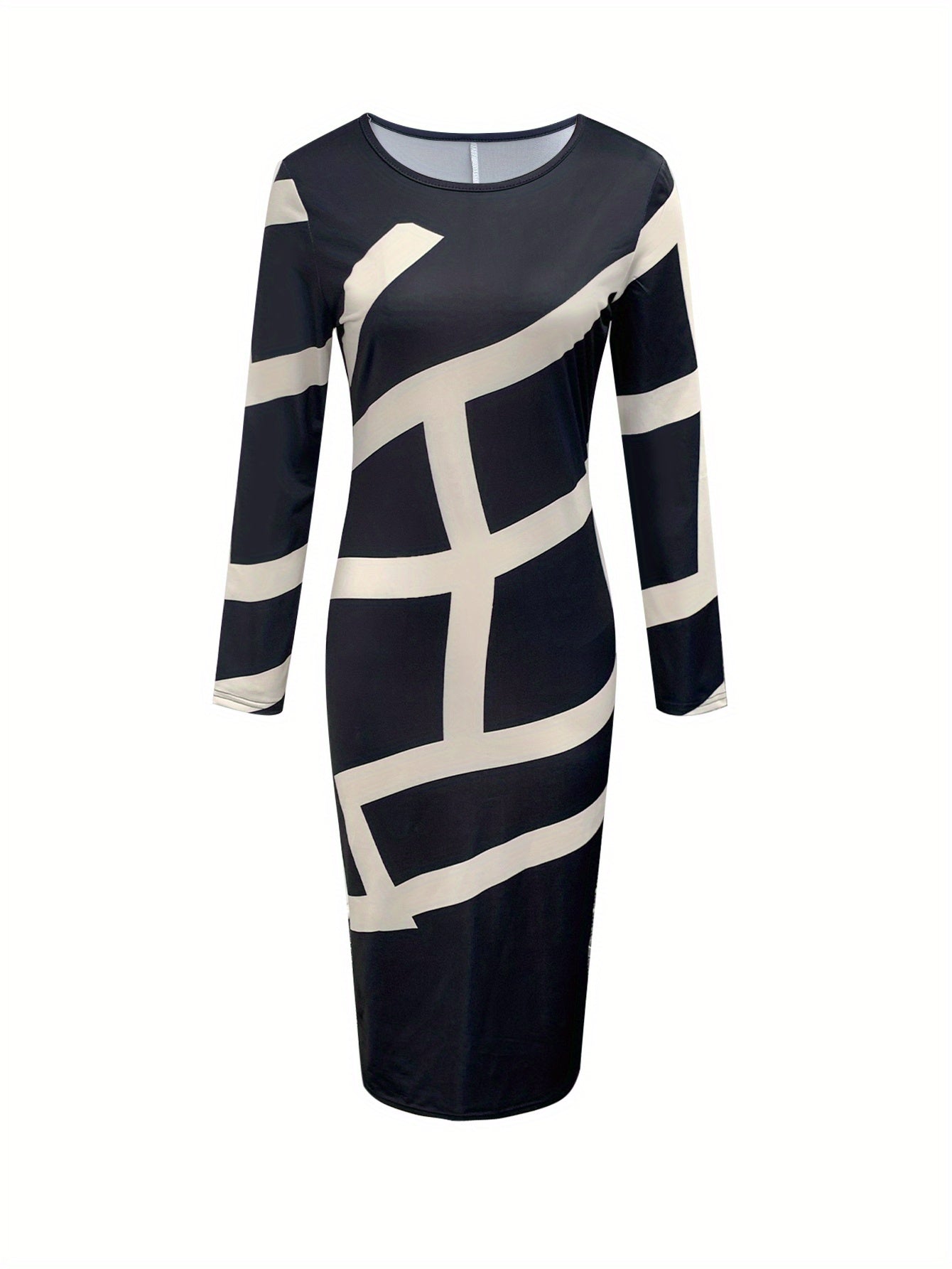Plus Size - Women'S Plus Size Elegant Striped Midi Dress - Navy Blue & Beige Round Neck Long Sleeve, Machine Washable, Perfect for Office to Casual Spring/Autumn Wear, Formal Attire, Chic Fashion, Formal Attire | Chic Striped