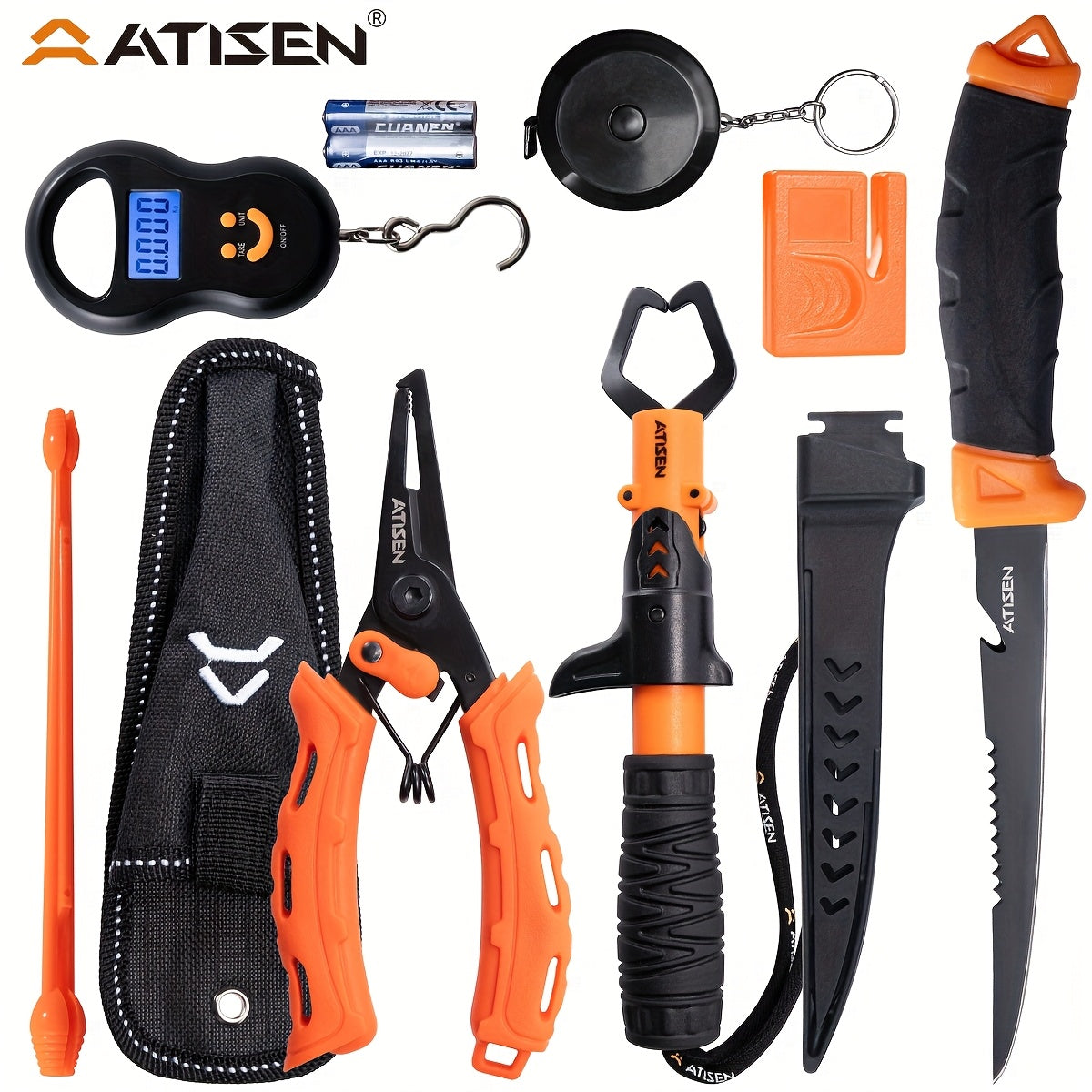 The ATISEN Professional Multifunctional Fishing Tool Set Includes Serrated Knives, an Electronic Scale, a Fish Control Device, a Hook Remover, a Sharpening Tool, And Other Additions. It'S a Must-Have for Fishing Enthusiasts,
