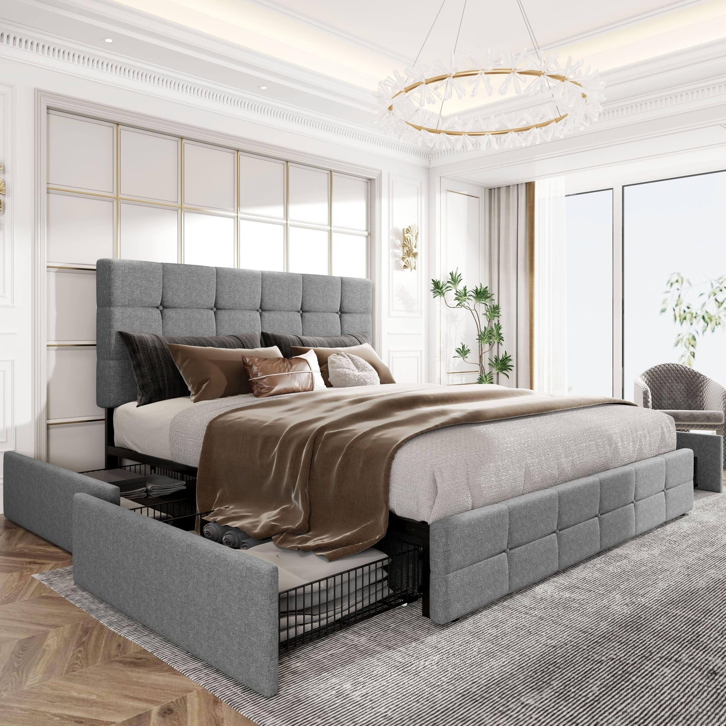 HOOMIC Full/Queen/King Size Platform Bed Frame with 4 Storage Drawers & Adjustable Headboard - Contemporary Square Stitched Button Tufted Design, Noise-Free Wooden Slats, No Box Spring Needed, Easy Assembly, Recycled Wood & M