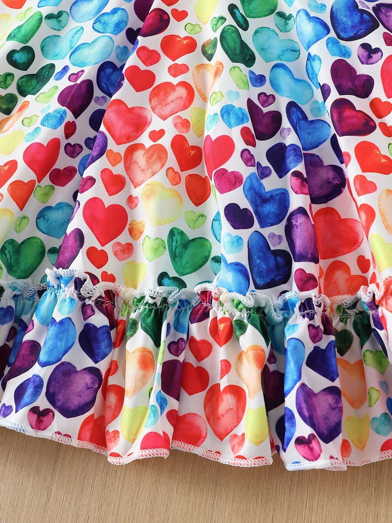 1pc Elegant Polyester Dress for Girls, Ruffled Hem Princess A-Line with Flutter Sleeves, Colorful Heart Pattern, Spring/Summer Knitwear