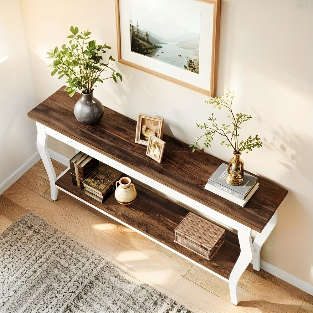 70.9 Inches Extra Long Sofa Table Behind Couch, Vintage Console Entry Table With 2-Tier Storage For Hallway, Entryway, Living Room, White & Brown