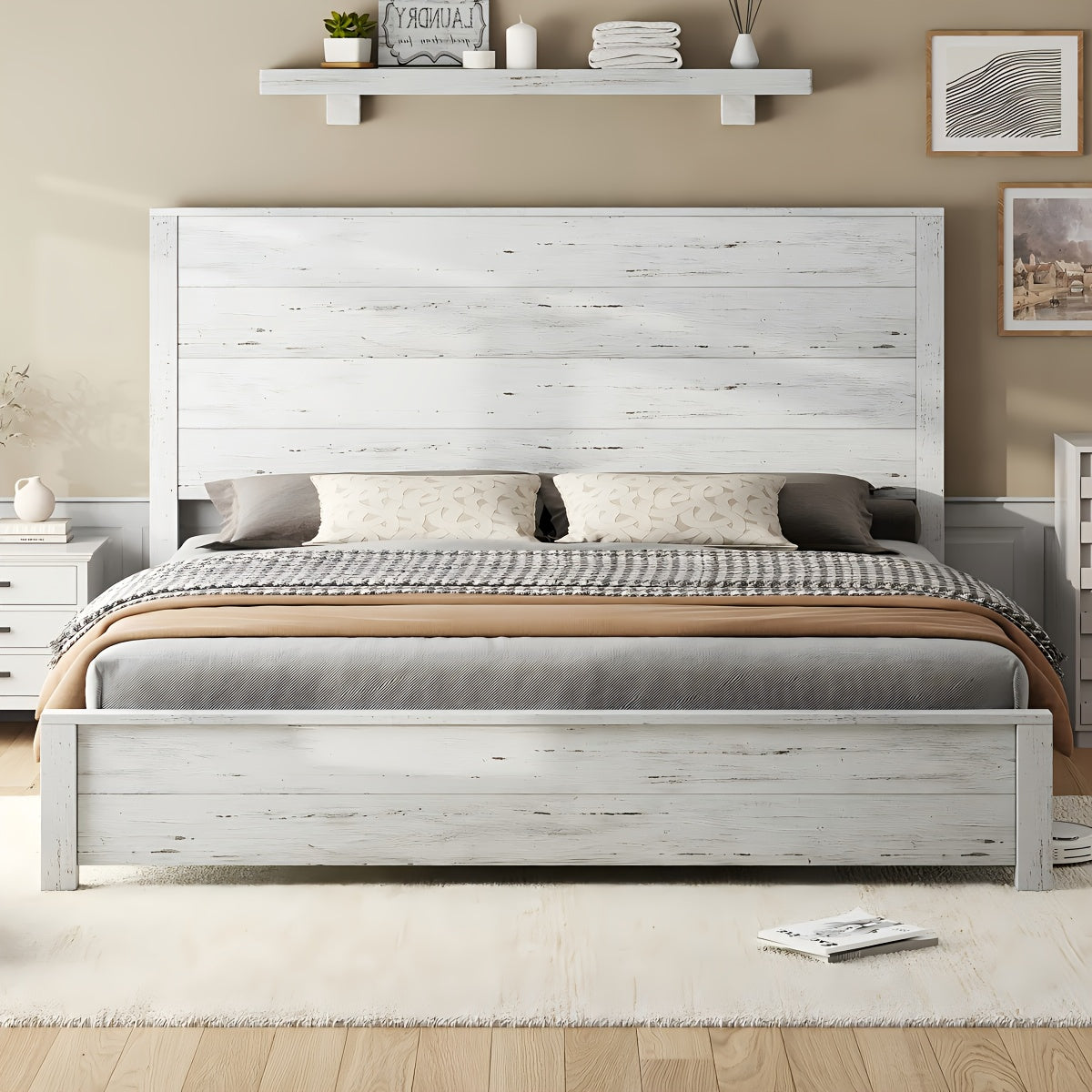 Wooden Platform Bed Frame Featuring a Joined Headboard, Rustic Style, Silent Wood Slat Support, And Does Not Need a Box Spring