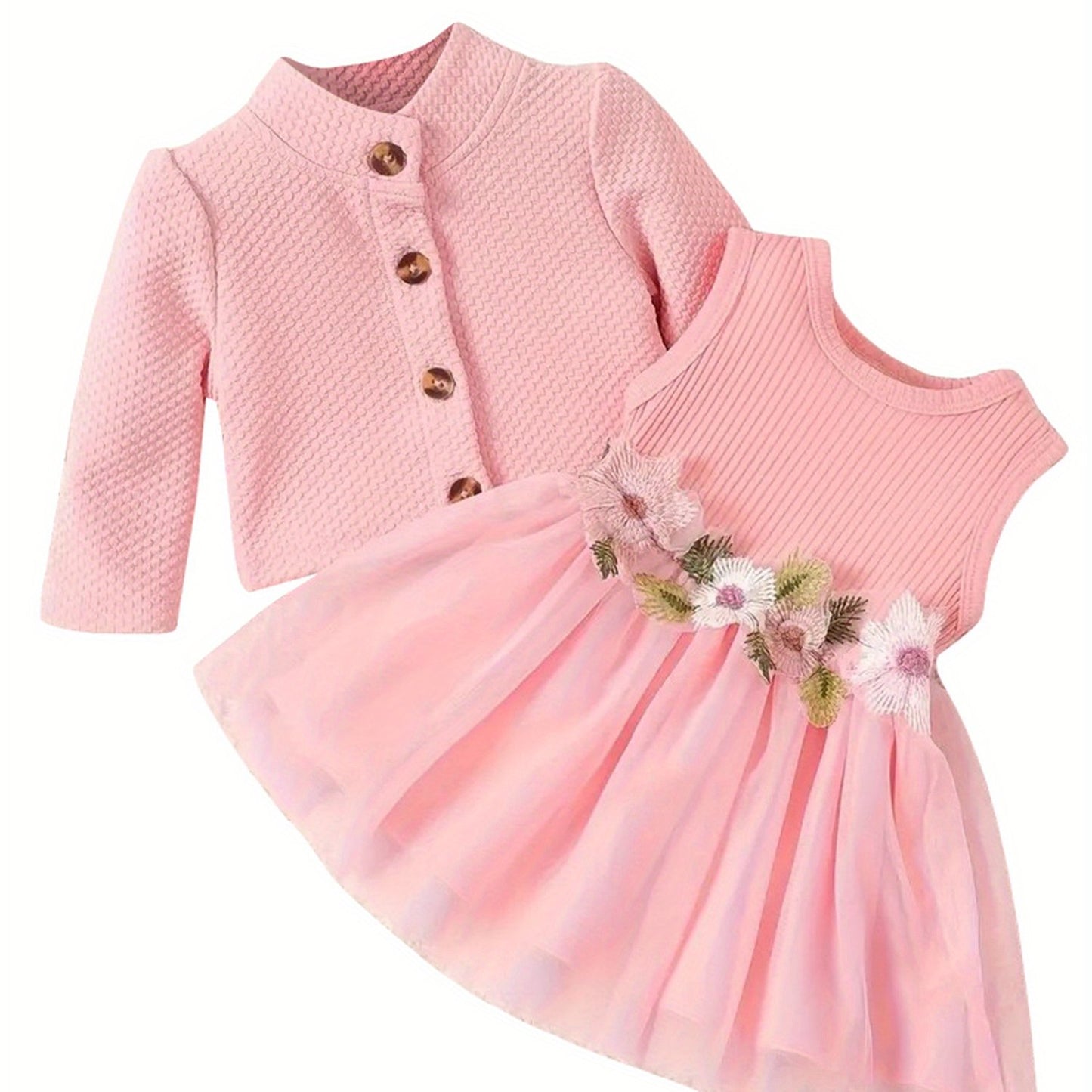 Baby Girl Fall Outfit, Long Sleeve Cardigan Coat Flower Embroidery Tulle Tank Dress 2pcs Set, for Outdoor