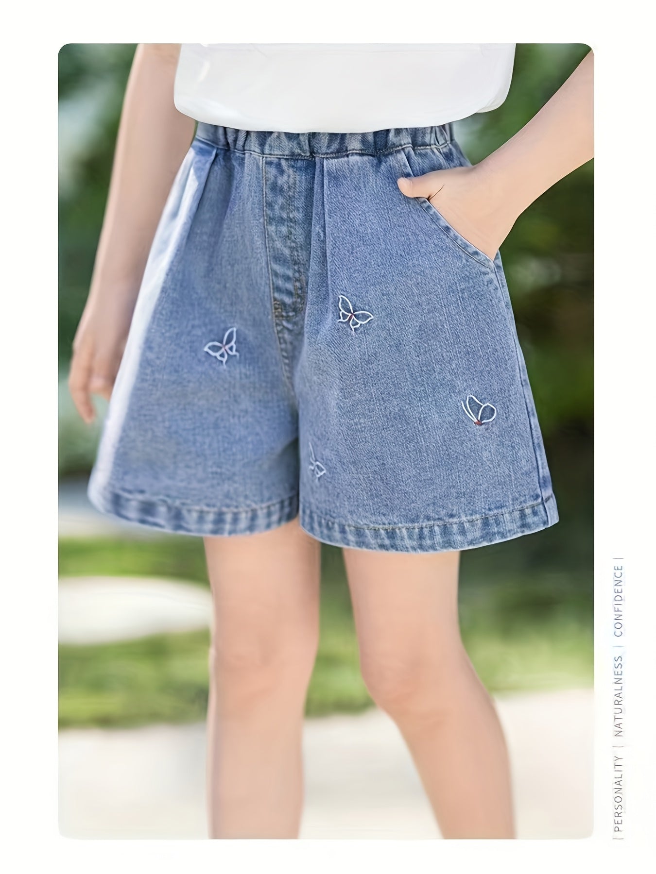 Girls' Blue Denim Shorts with Butterfly Embroidery - No-Iron Short-Cut Capri Length, Elastic Waist & Belt-Free Design - Soft Breathable ' Jeans for Summer Play, Casual Outfits ( to Teen) - Durable Everyday Shorts, Shorts For