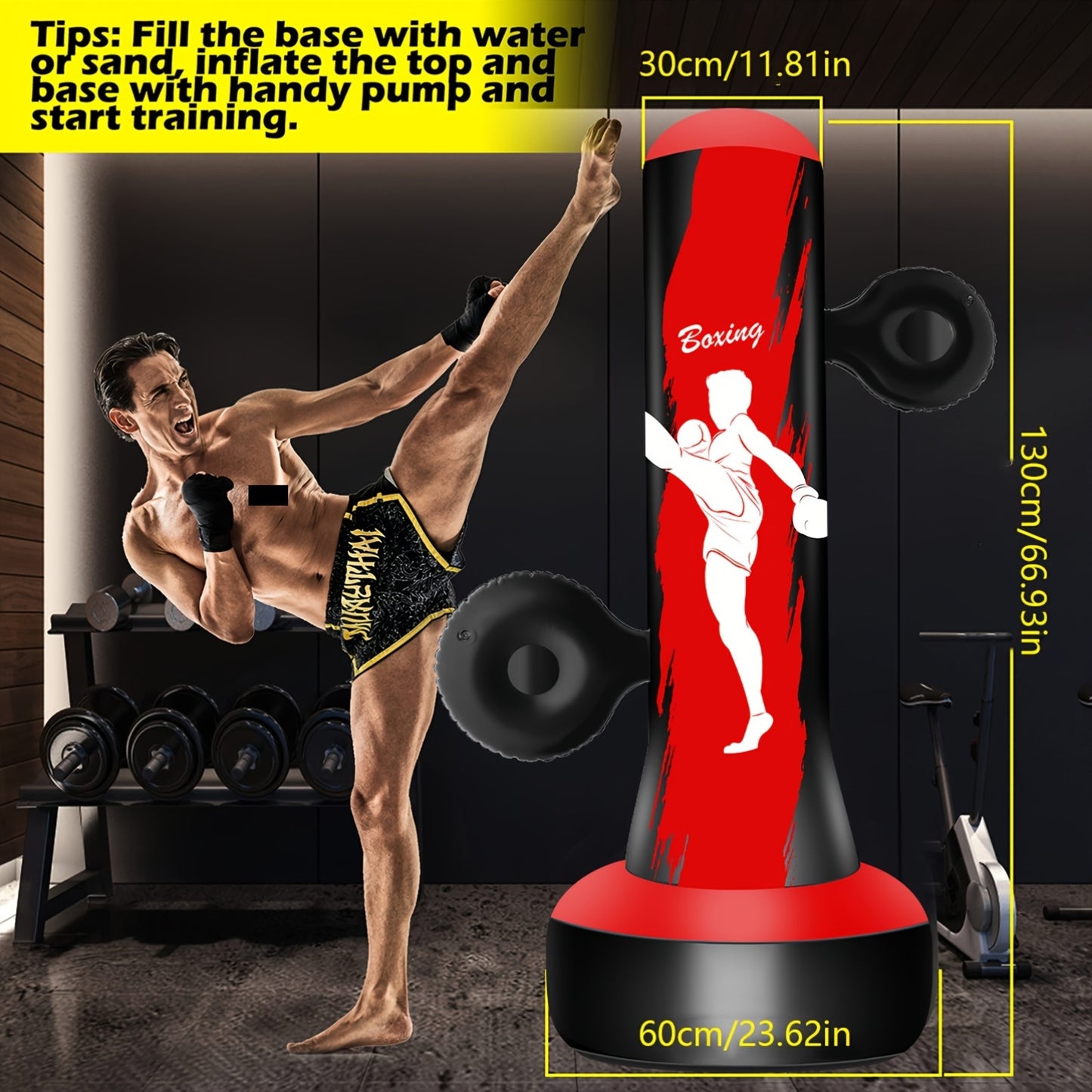 Independent Punching Bags Designed for Adults - 69" Tall Heavy Boxing Suitable for Men - Inflatable Kickboxing for Home, Office, Or Gym with Two Target Points - Red - Perfect Christmas Gift (Remember to Wear Gloves)