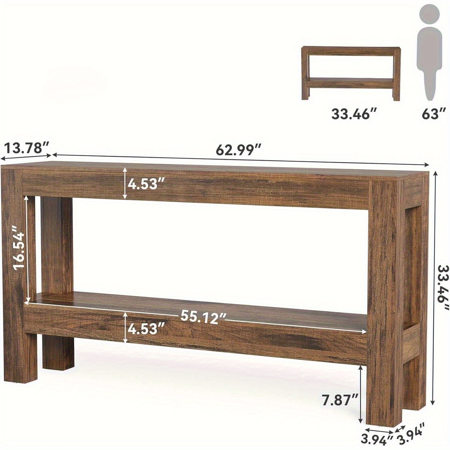 63-Inch Narrow Long Console Table | Farmhouse Wood Entryway Table For Hallway, Sofa, Entry, Entrance, Foyer, Behind Couch With 2-Tier Shelves, Brown, Byblight