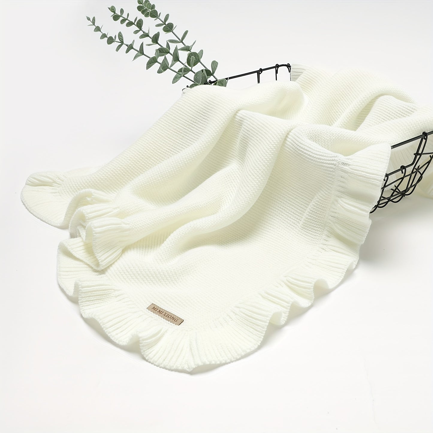 Ultra-Soft Acrylic Knitted Baby Swaddle Blanket - White with Ruffled Edges & Delicate Trim, Hypoallergenic Nursery & Travel Essential for Infants, Baby Blanket, Scalloped Edge Design, Soft Texture