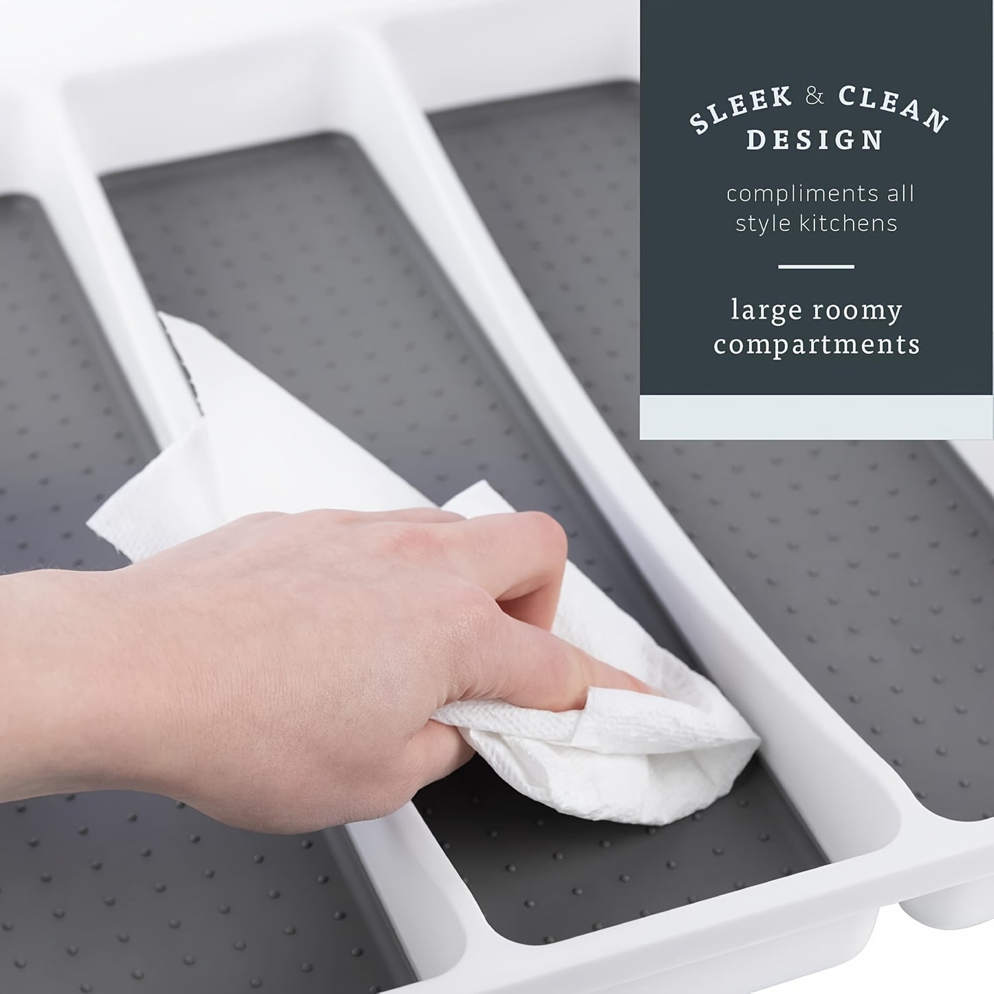 No-Slip Silverware Tray Organizer with 9-Section Deep Drawer Storage - Durable Plastic Kitchen Utensil & Cutlery Holder, Space-Saving Design for Entire Drawer, Easy Insert Installation, White & Gray, Kitchen Drawer Organizer,