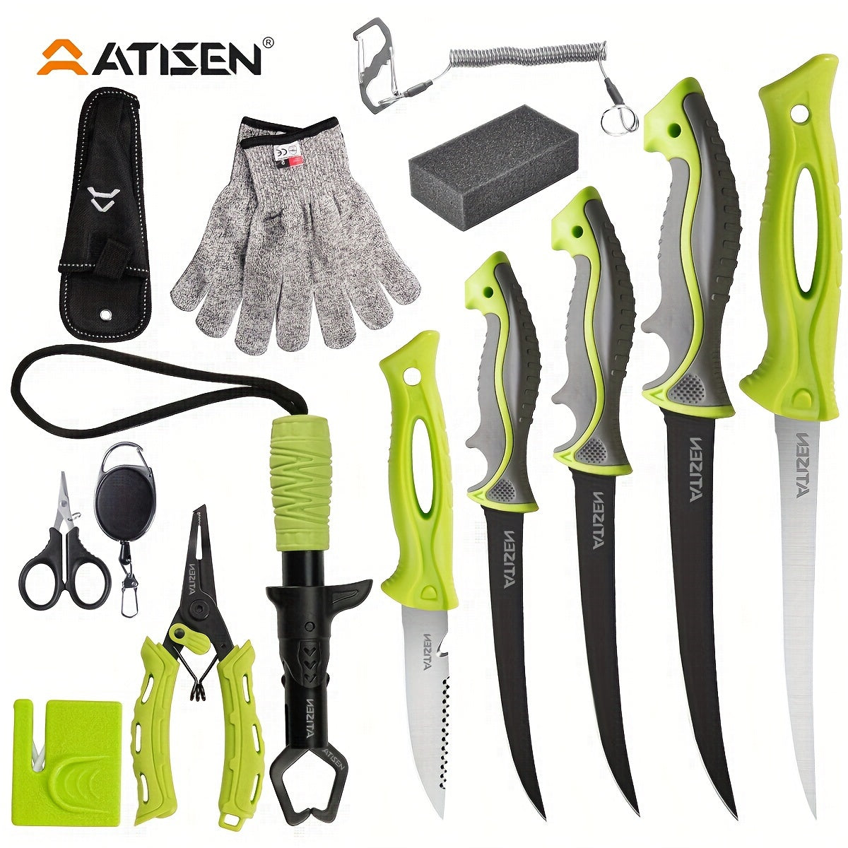 ATISEN 10/16pcs Professional Fishing Knife Set, Fish Angle Knife Set - for Filleting And Boning Fish, Dishwasher Safe - Filleting Knife, Road Runner Pliers, Fish Lip Gripper, Knife Sharpener, Retractable S-Buckle W/Harness Gi
