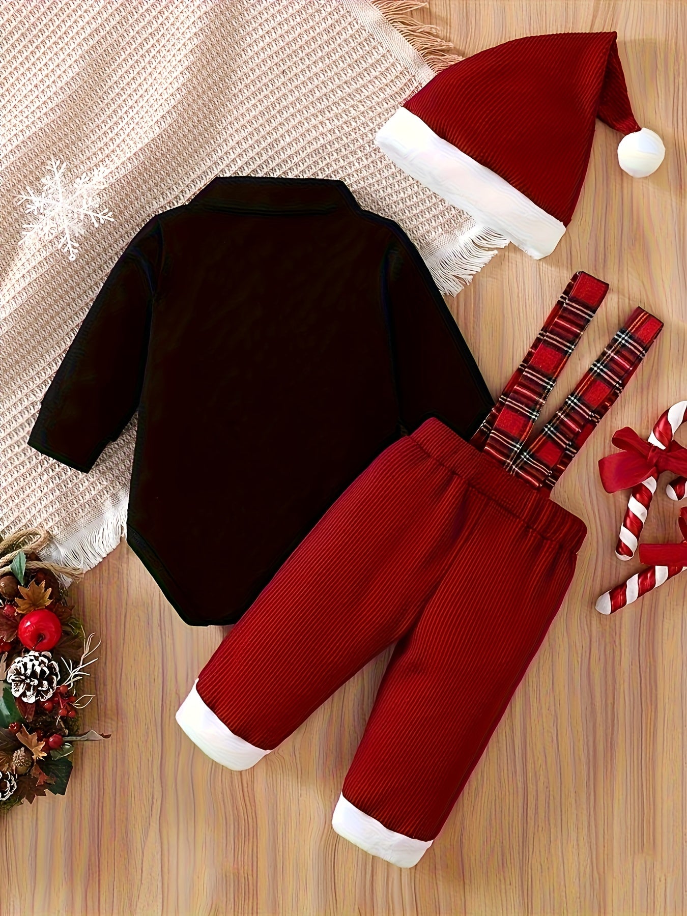3pcs Baby Boys' Christmas Outfit Set - Elegant Black & Red Formal attire with, Long Sleeve Jumpsuit & Red Bib Pants, Easy-diaper change snaps, Holiday Party & Photo Shoot Clothing for Boys (Christmas Hat Included) - Ideal Chr