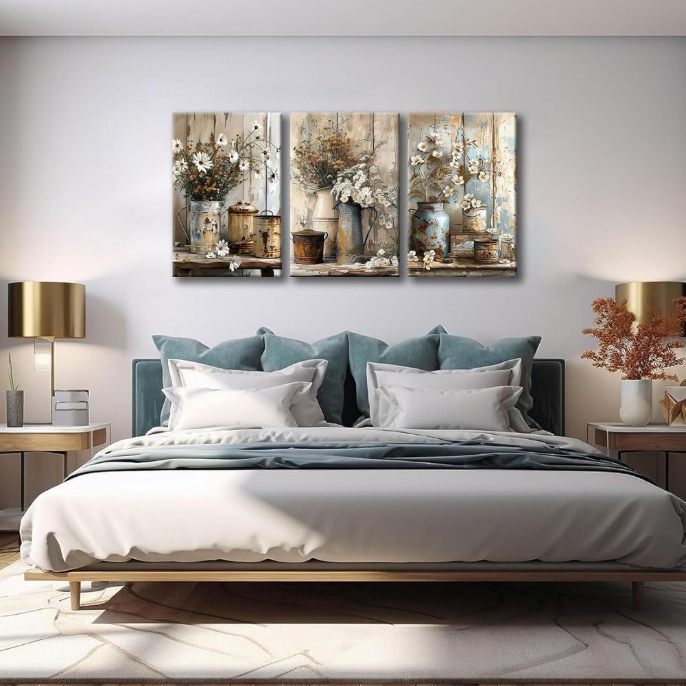 2D Flat, Paintings, 3pcs Framed Rustic Daisy Vase Floral Wall Art - Vintage Farmhouse Pictures with Thick Wood Frame & Canvas, Botanical Flower Prints Suitable for Bedroom, Office, Gallery - Ready to Hang (12x16 inch/ 30x40cm