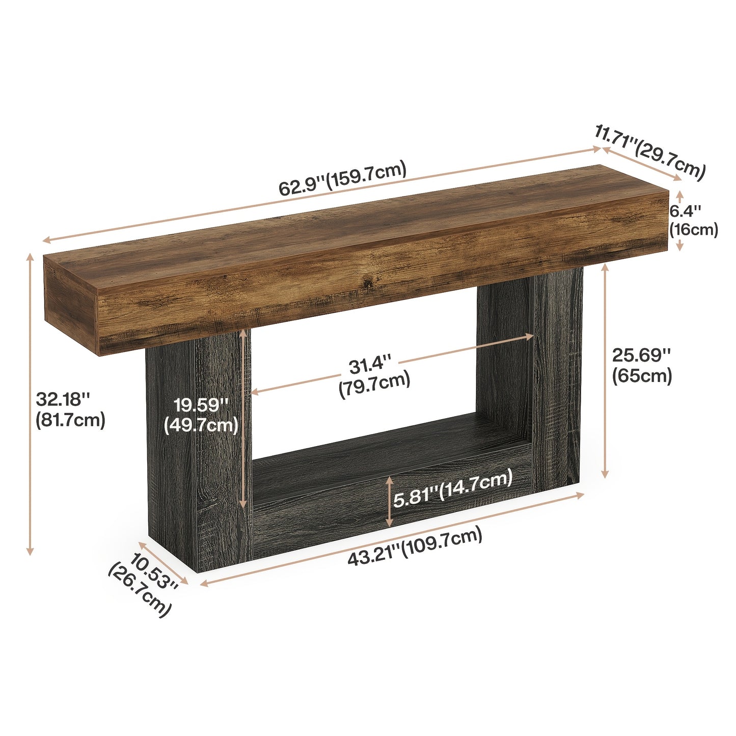 63" Narrow Long Console Table With Storage, Farmhouse 2-Tier Entryway Table With U-Shaped Base, Vintage Wood Sofa Table Behind Couch Table For Living Room, Hallway, Foyer, Rustic Brown And Grey