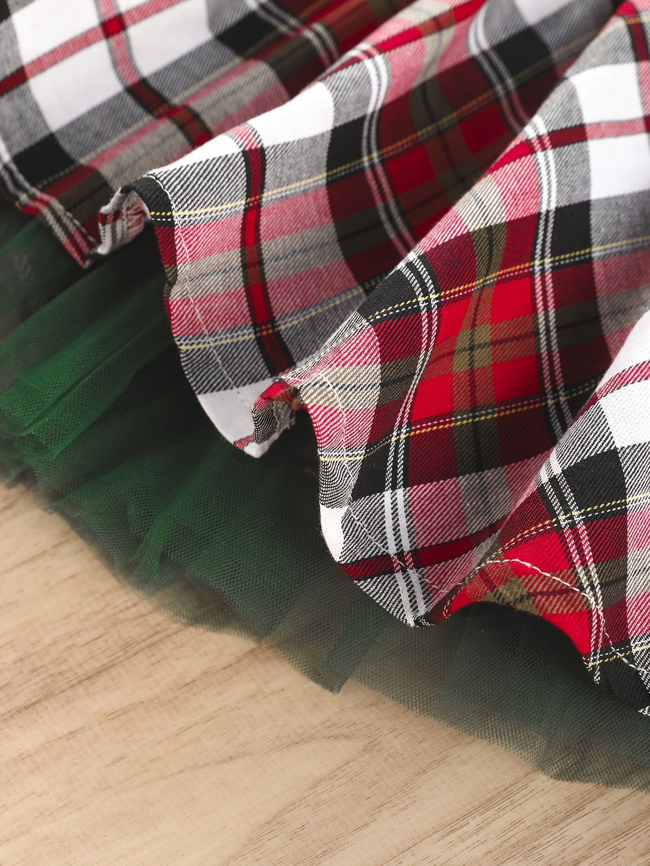 Red Plaid Baby Girl Dress with Green Sash & Tulle Skirt, Halloween Christmas Party Outfit for Toddler Photo Shoot