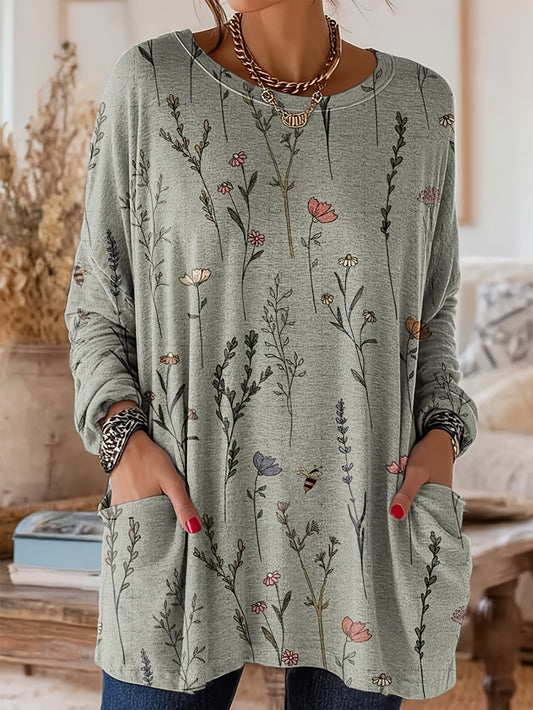New Must-have for Autumn And Winter, Retro Floral Printed Women's Top T-shirt, Versatile Tool for Autumn And Winter, Fresh And Not Fancy Floral Patterns, Light Beige Friendly And, Super Stylish for Commuting, Shopping, Home A