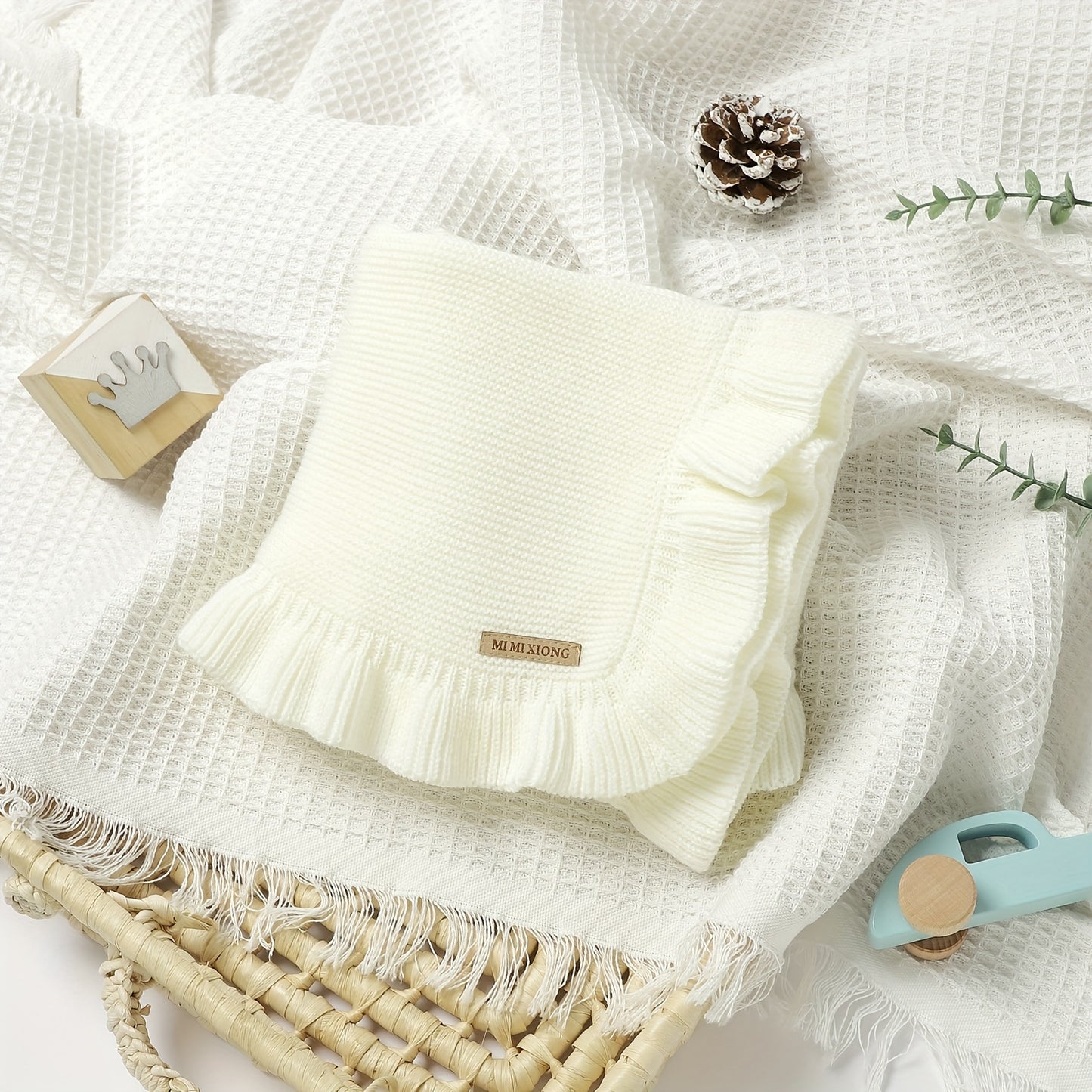 Ultra-Soft Acrylic Knitted Baby Swaddle Blanket - White with Ruffled Edges & Delicate Trim, Hypoallergenic Nursery & Travel Essential for Infants, Baby Blanket, Scalloped Edge Design, Soft Texture