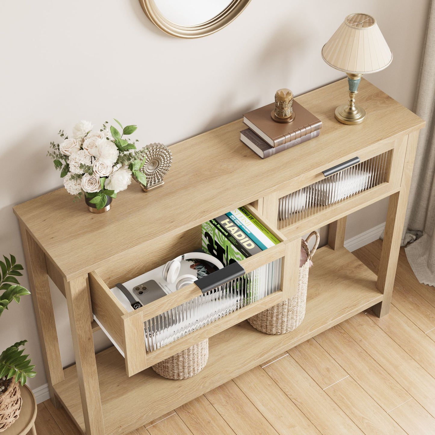 43-Inch Narrow Wood Console Table with Stylish Glass Drawers | 2-Tier Sofa and Entryway Table in Burlywood End, Perfect for Living Room, Bedroom, Hallway, Foyer Storage, Entryway Table | Classic Style, Hardwood Material, Asse