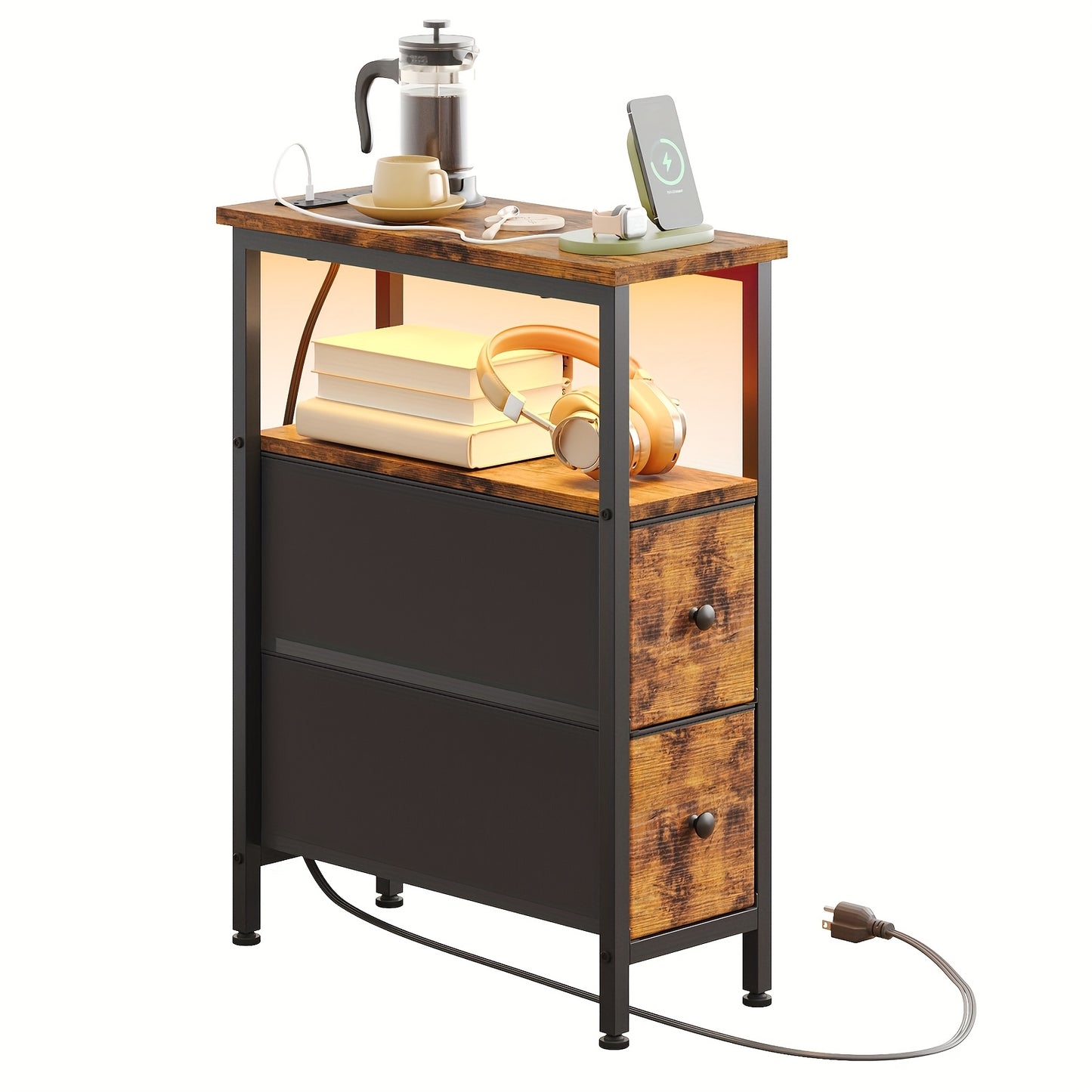 WHONLINE 1pc/2pcs Narrow Night Stand With Charging Station, End Table, Narrow Side Table With 1/2 Fabric Drawers, Skinny Nightstand With Storage, For Living Room, Small Spaces, School And Dormitory Storage, Brown And Black, F