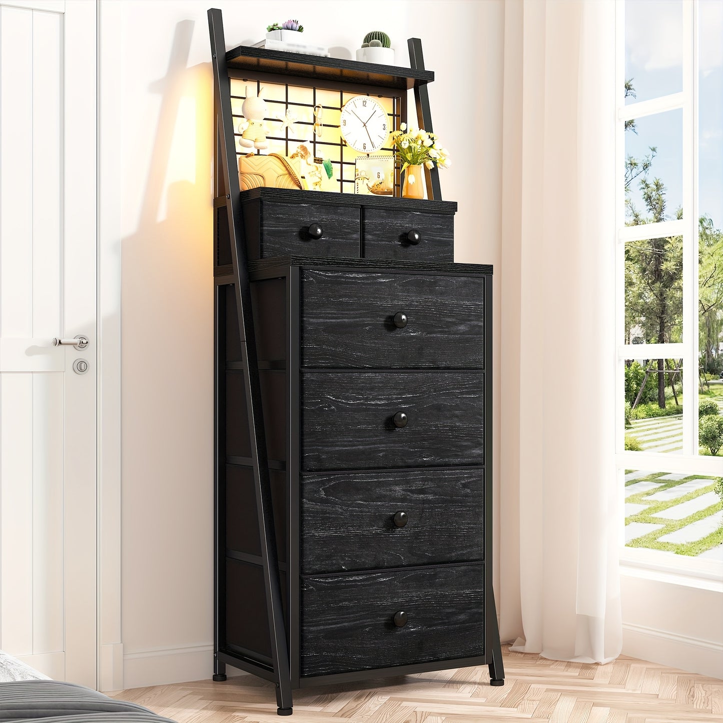Modern White Vertical Dresser with LED Lighting - 6-Drawer Storage Cabinet with Open Shelf, Sturdy Softwood Construction, 27"+ Height, 3.2+ Cu Ft Capacity, Plug-in Power & Easy Assembly for Bedroom, Living Room, Dorm - Space-