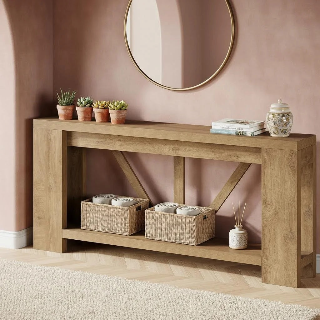 70.9 Inch Light Brown Farmhouse Wood Console Table | Extra Long Sofa Table Behind Couch for Holiday Home Decor, BYBLIGHT, Engineered Wood, Contemporary Style
