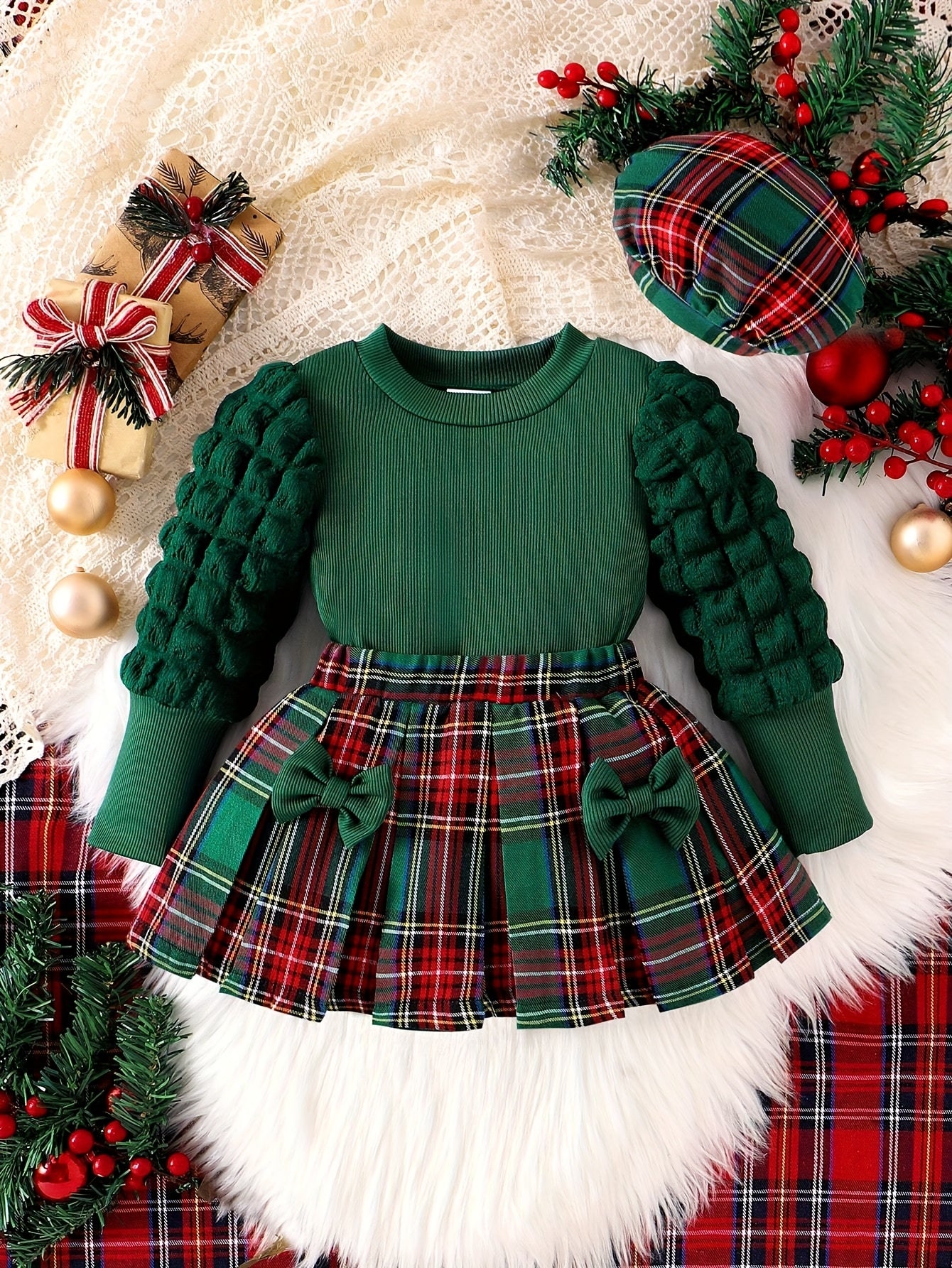3pcs Baby Girl Scottish Tartan Outfit Set - Plaid Skirt & Bow Dress with Matching Hat, Elastic Waist Umbrella Skirt & Bubble Sleeve Blouse for 0-24 Months (Christmas, to) - Hand Washable, Perfect for Outdoor