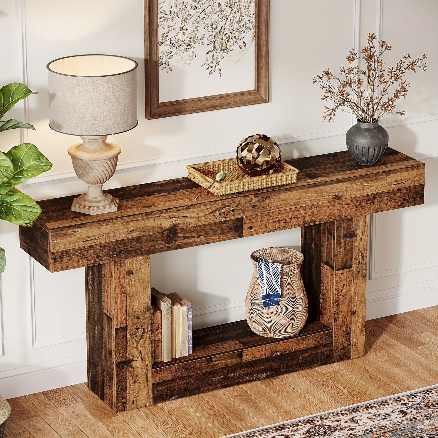 63-Inch Long Console Table, 2-Tier Entryway Table Sofa Table with Storage, Farmhouse Wood Behind Couch Table for Living Room, Hallway, Rustic Mixed Brown