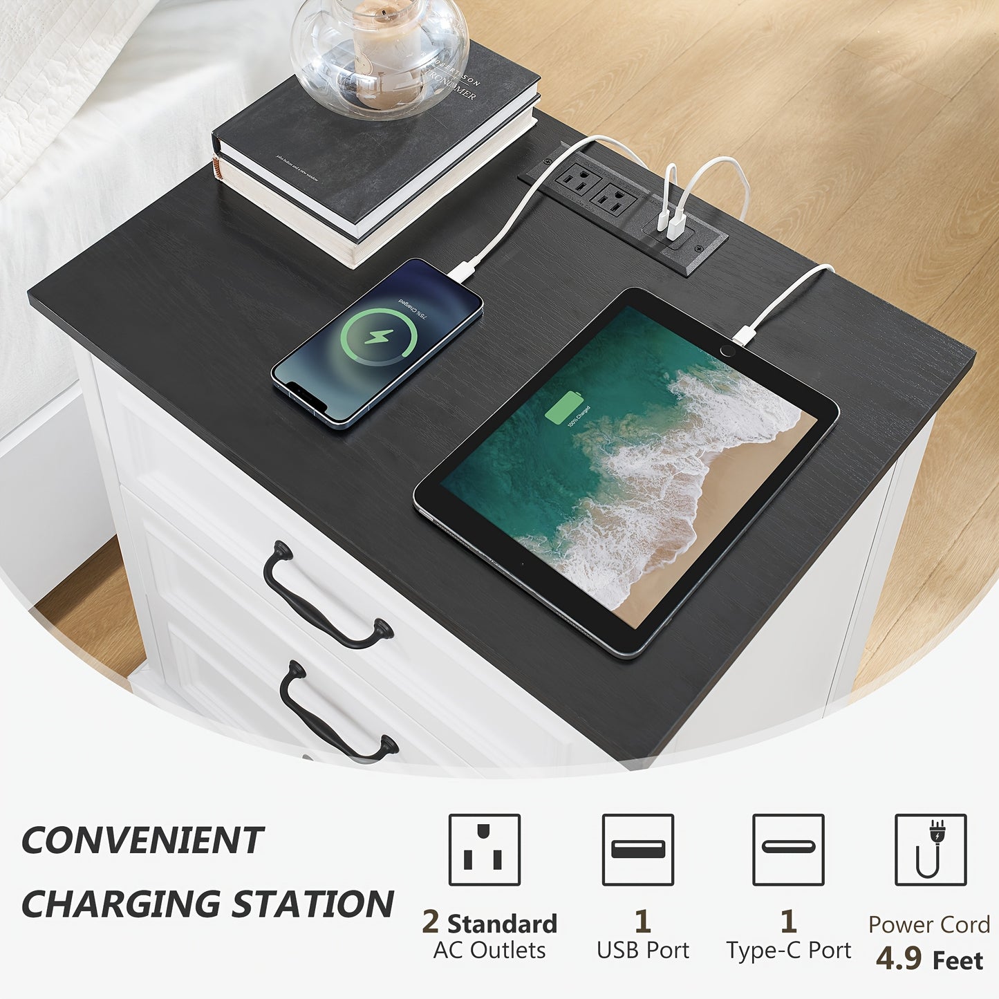 Farmhouse Nightstand Set Of 2, Wood Night Stand With 3 Drawers And Charging Station