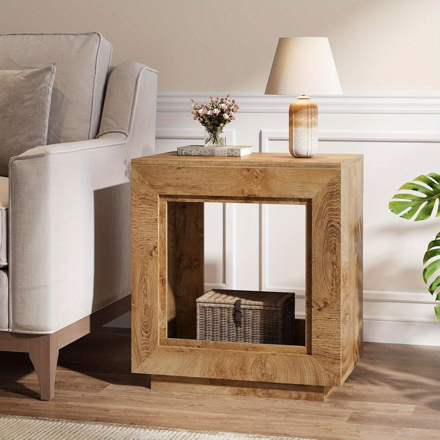 24 Inch Farmhouse End Table with Open Shelf - Heavy-Duty Hardwood & Particle Board Construction, Easy Assembly Side table, Natural Wood Finish - for Living Room, Bedroom, Patio - Space-Saving Nightstand or Accent Furniture, B