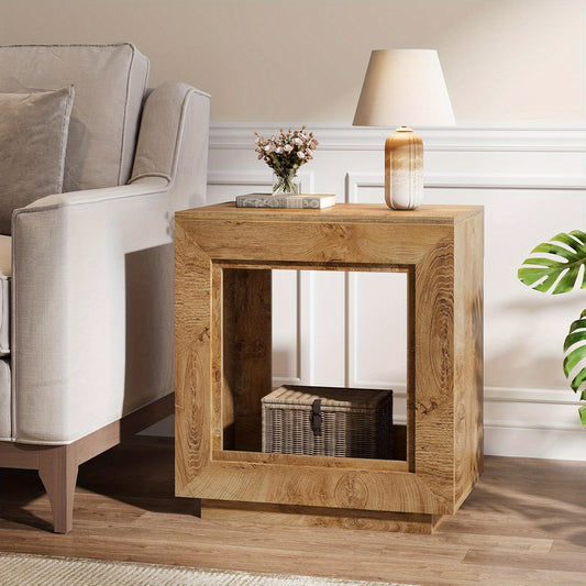 24 Inch Farmhouse End Table with Open Shelf - Heavy-Duty Hardwood & Particle Board Construction, Easy Assembly Side table, Natural Wood Finish - for Living Room, Bedroom, Patio - Space-Saving Nightstand or Accent Furniture, B