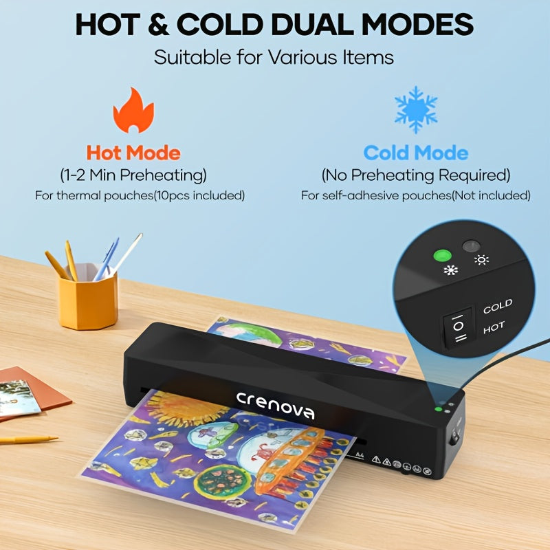 Crenova A4 Portable Laminator with Hot & Cold Modes, Compact Laminating Machine for Home & Office, A4 Document Laminator with Plug, Laminator for Papers, Photos, Posters, Signs, Certificates, Theses, Diplomas, Passport Photos