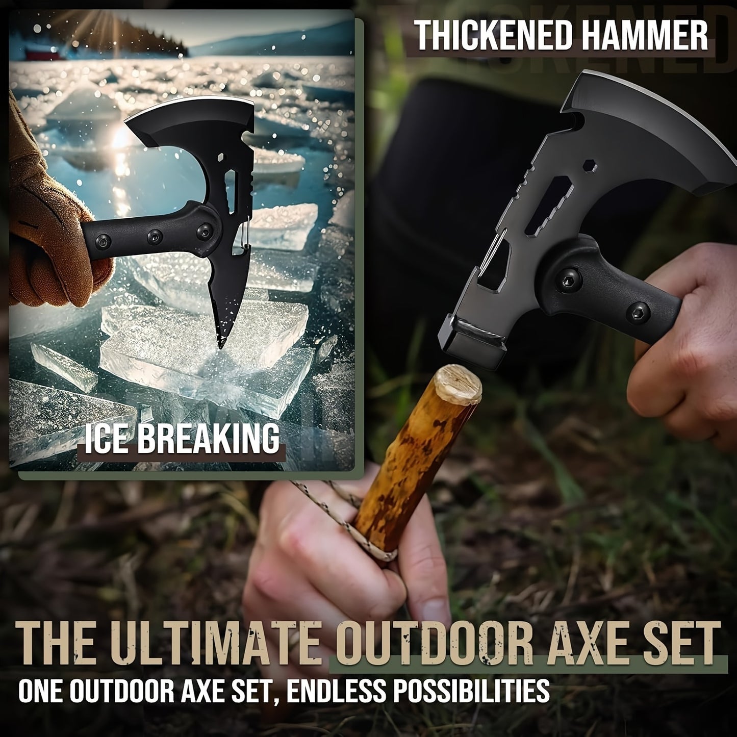 Outdoor Axe 2pcs Set, Camping Axe, Hiking Machete with Bottle Opener, Multi-size Hex Wrench And Sheath, Adventure Axe Hammer with Spike, Suitable for Hiking, Trekking And Camping, Men's Doomsday Equipment Gift, Emergency Prep