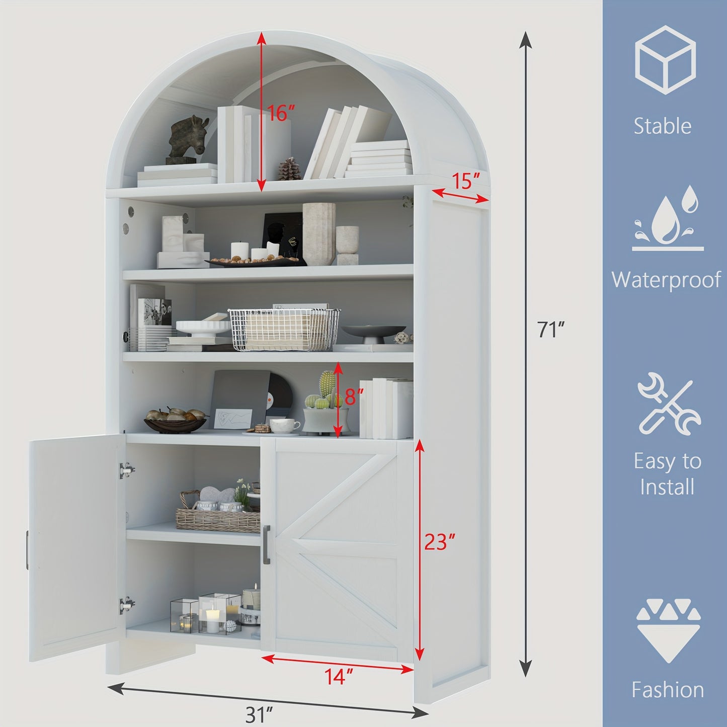 71-Inch Curved Bookshelves, a Tall Wooden Bookcase Featuring a Lower Cabinet, a Contemporary Pantry Storage Unit Suitable for The Kitchen, Living Room, Or Office