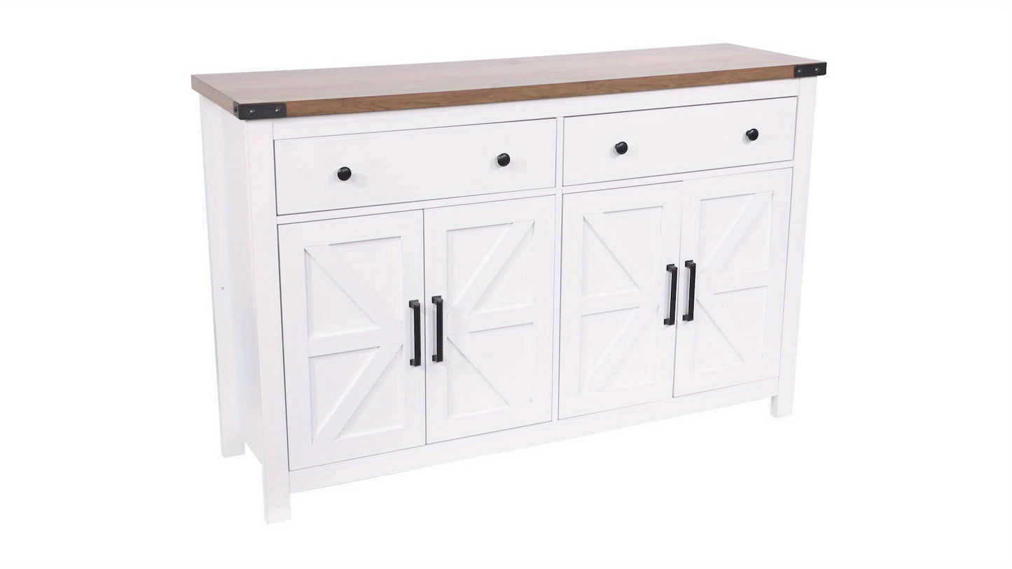 55-Inch Sideboard Buffet Cabinet Featuring Storage, a Coffee Bar with Two Drawers And Four Barn Doors, a Long Storage Cabinet in a Modern Farmhouse Style, Made of White Wood, Suitable for The Kitchen, Dining Room, Or Living R