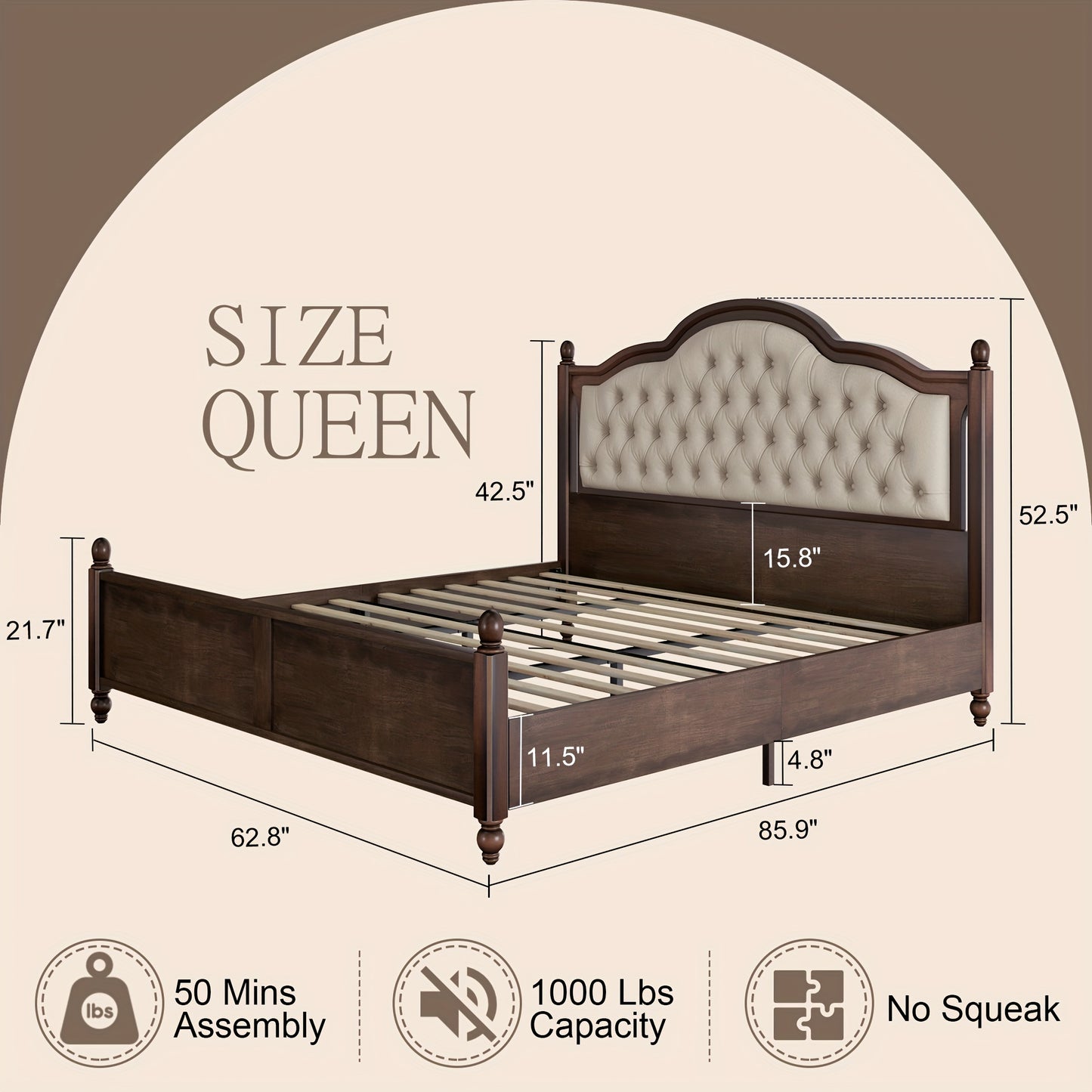 A Robust Wooden Bed Frame Featuring a Stylish Platform Design And a Sophisticated 52.5" Upholstered Tufted Headboard, Merging Strength with Elegance.