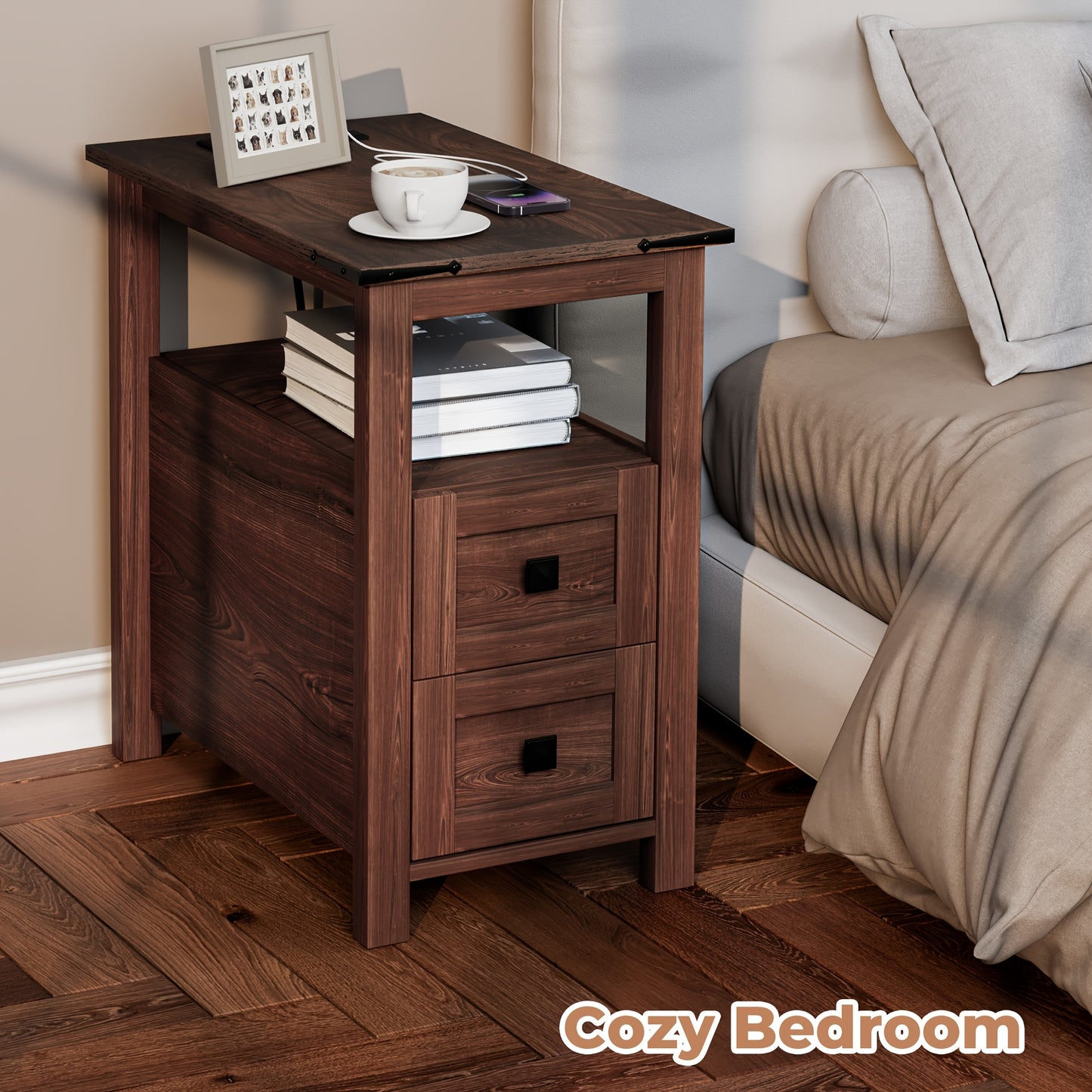 2-Drawer Slim Space-Saving Retro Coffee Table Suitable for Small Spaces - Narrow Sofa Side Table & Bedside Table with Drawers, Assembly, Modern Minimalist Design for Living Room, Bedroom or Office (Available in White/Blue/Che