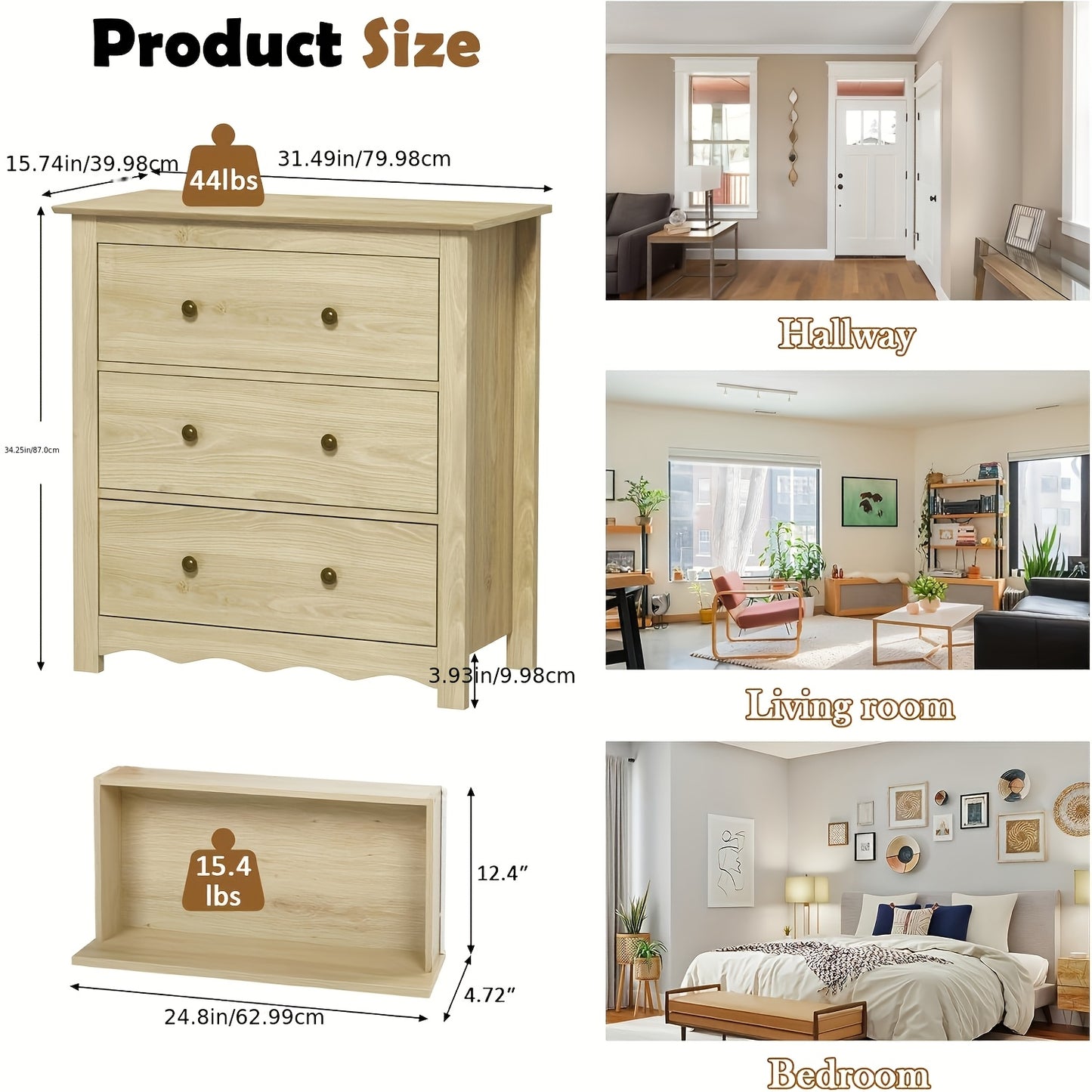 34" Tall Cabinet With 3 Drawers Set Of 2, Mid Century Modern Wooden Dressers Chest Of Drawers With Handles, Waveform Nightstand Dresser, Storage Organizer For Bedroom, Hallway, Living Room, Wood