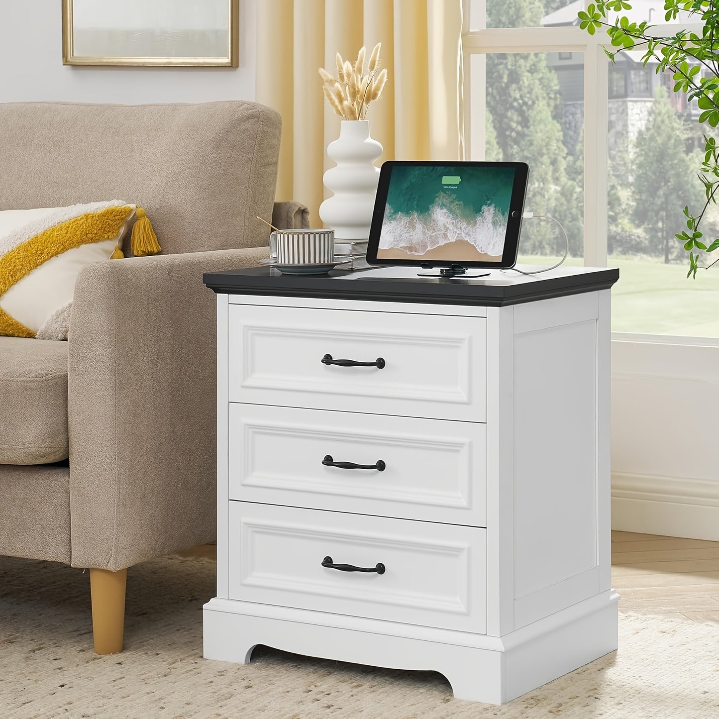 Farmhouse Nightstand Set Of 2, Wood Night Stand With 3 Drawers And Charging Station