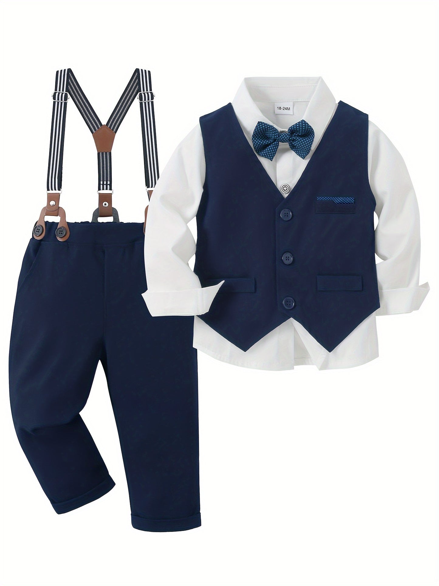 4pcs Boy Clothes Suit Gentleman Wedding Outfits Formal Dress Shirt/Bowtie/Vest/Suspender Pants 1-5T, Special Occasion Outfit, Toddler Wedding Attire, Elegant Toddler Outfit, Classic Baby Suit, Comfortable Toddler Clothes, Dur