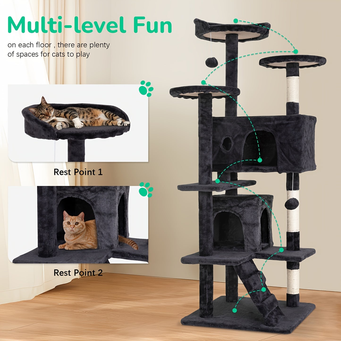 DOPINMIN 54in Cat Tree Tower For Indoor Cats, Multi-Level Furniture Activity Center With Scratching Posts Stand House Condo Funny Toys Kittens Pet Play House, Dark Gray