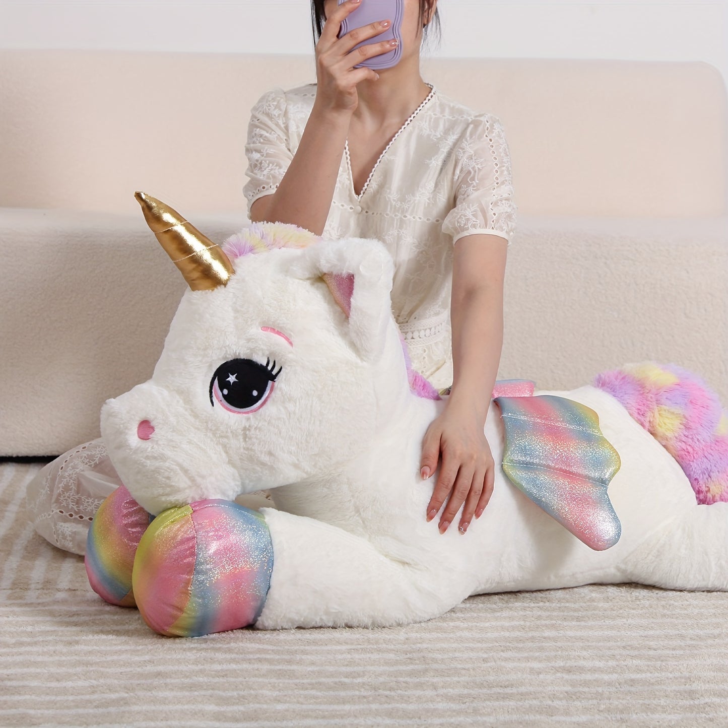 44" Giant White Unicorn Plush Toy - Soft & Cuddly Stuffed Animal with Rainbow Mane, Perfect Birthday, Christmas, or Halloween Gift for Youngsters, Girlfriend, or Boys, Cozy Body Pillow | Playful Design, Best for Christmas, Pe