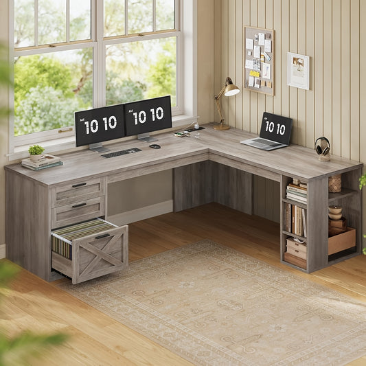 67" L Shaped Desk with Ample Storage, Farmhouse Computer Desk with Large Desktop And Power Outlets, Home Office Desk with 3 Drawers And Open Shelves, Pc Workstation Corner Desk for Home Office, Grey