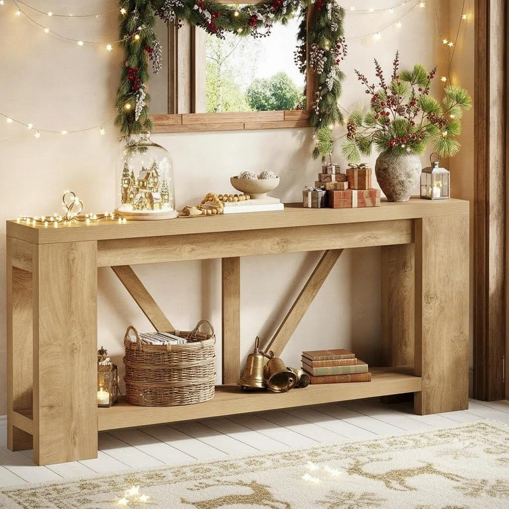 70.9 Inch Light Brown Farmhouse Wood Console Table | Extra Long Sofa Table Behind Couch for Holiday Home Decor, BYBLIGHT, Engineered Wood, Contemporary Style