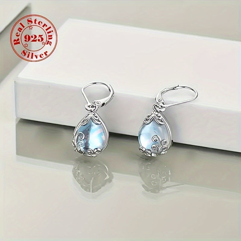 1 Pair of Exquisite 925 Sterling Silvery Flower Pendant Earrings Inlaid with Moonstones - Elegant Women's Jewelry for Engagements, Weddings, and Dinners - Luxurious and Ideal Decorative Gifts