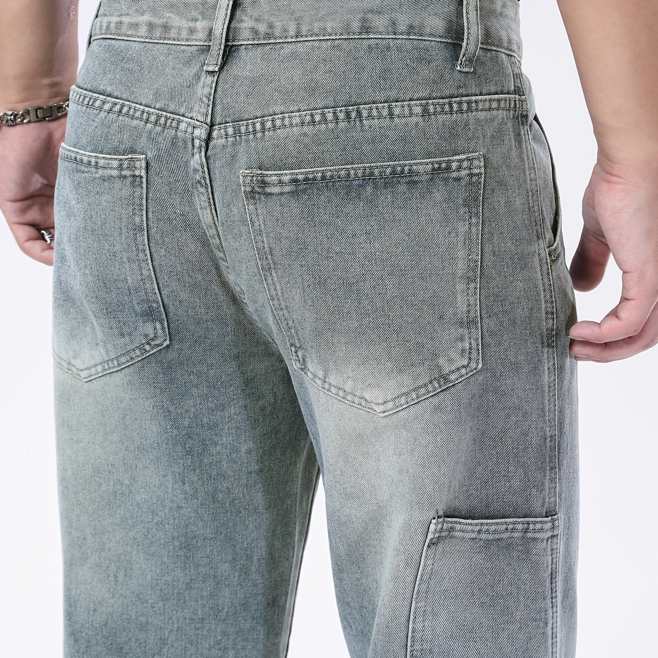 Men's Heavyweight 100% Denim Straight-Leg Jeans - Light Wash Vintage Look, All-Season Comfort, Classic Five-Pocket Design (Kangaroo Pocket & Cuffed Hem) - Casual & Formal Wear, Machine Washable - Navy Blue Bicycle Style Trous