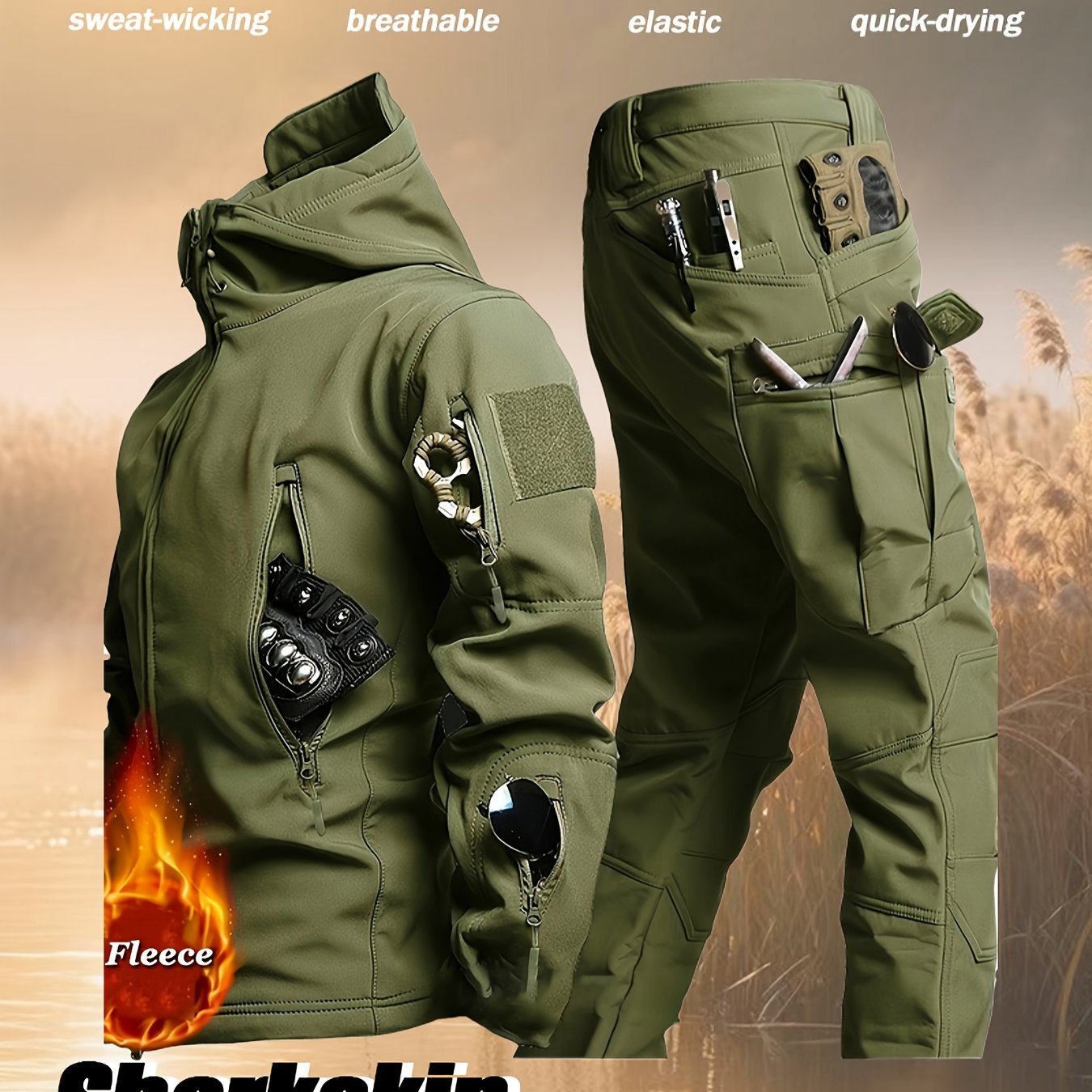 Men'S Autumn and Winter New Thickened Two-Piece Windproof Jacket Hoodie with Multiple Pockets, Elastic, Warm, Suitable for Hiking, Skiing, Fishing, Outdoor Sports Gear | Tactical Style | Breathable Fabrics, Winter Sports Gear