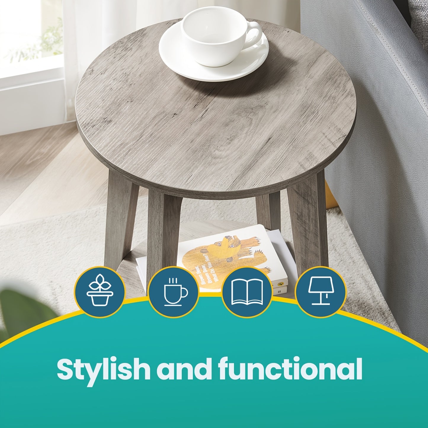 Side Table,  Round End Table with Lower Shelf, Nightstand for  Spaces, Living Room, Bedroom